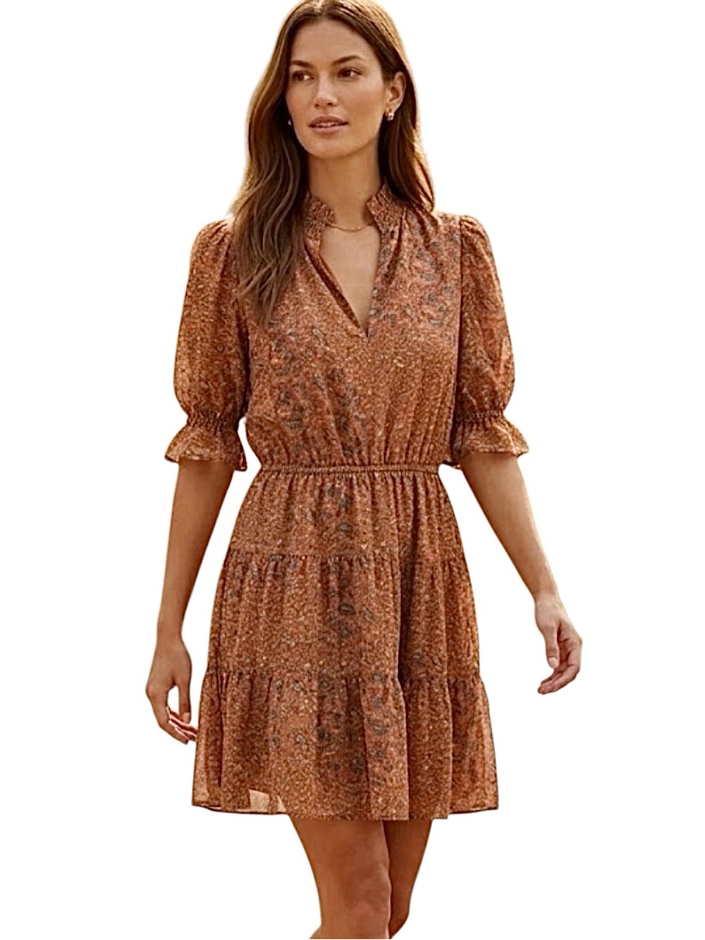 Elan Fall Floral Tiered Short Sleeve Mini Dress Ruffle Neck Size M Boho Western